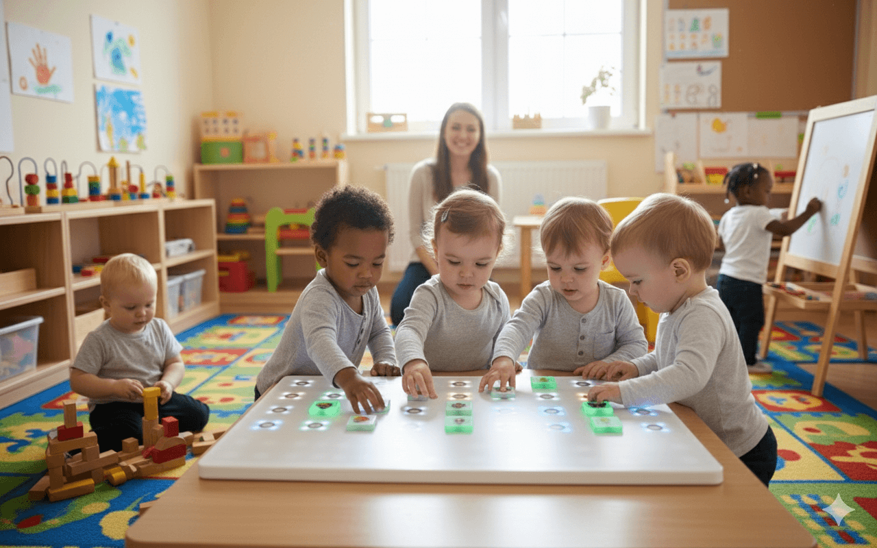 Gelukkige kleuters van 2-4 jaar spelen met kleurrijke educatieve hardware apparaten in een heldere moderne klas